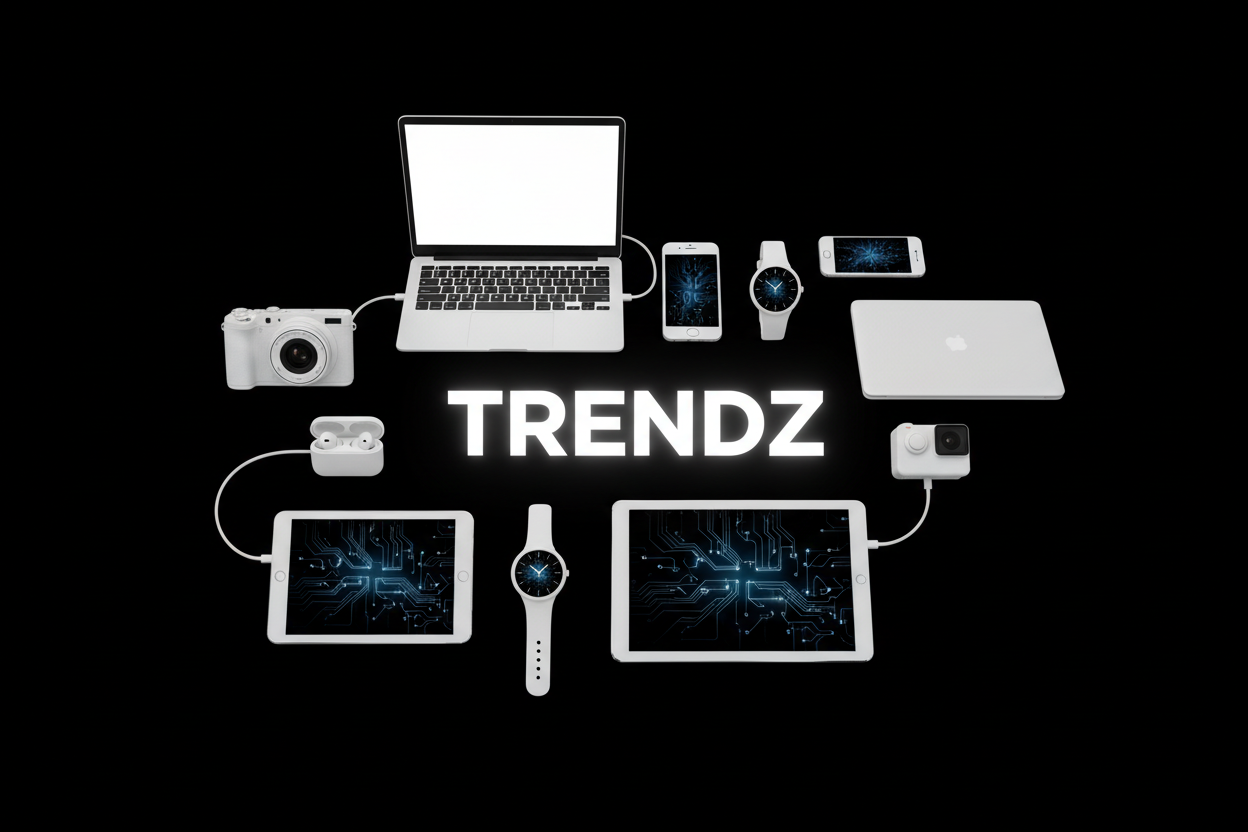 BACK BACKGROUND WITH WIGHT ELECTRONIC ITEMS AND NAME TRENDZ